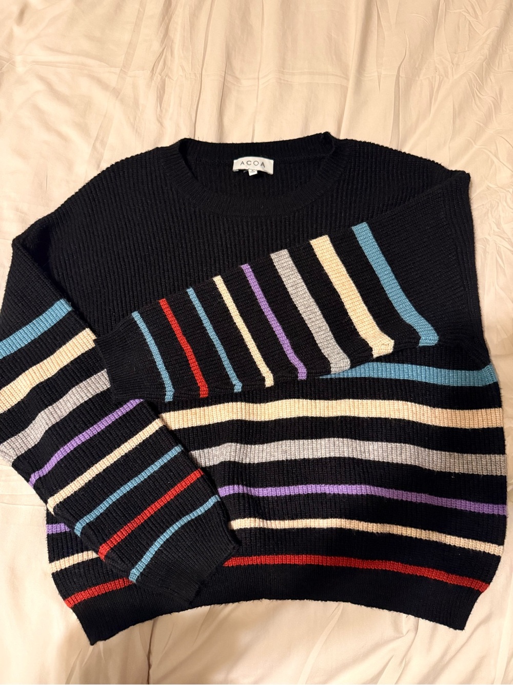 ACOA Black Crewneck Sweater with Multicolor Stripe Detail